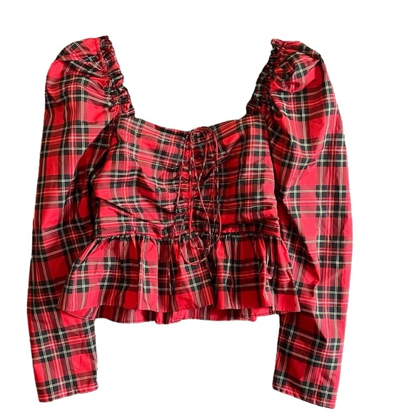 ANTONIO MELANI Tops - Antonio Melani Elvira Plaid Tie Square Neck Long Puffed Sleeve